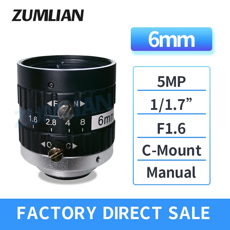 ZUMLIAN 1/1.7 Inch 6mm Fixed Focus FA Lens Wide-Angle Lens F1.6 5MP Manual Iris IMX 226 Camera Lenses HD Basler Cameras