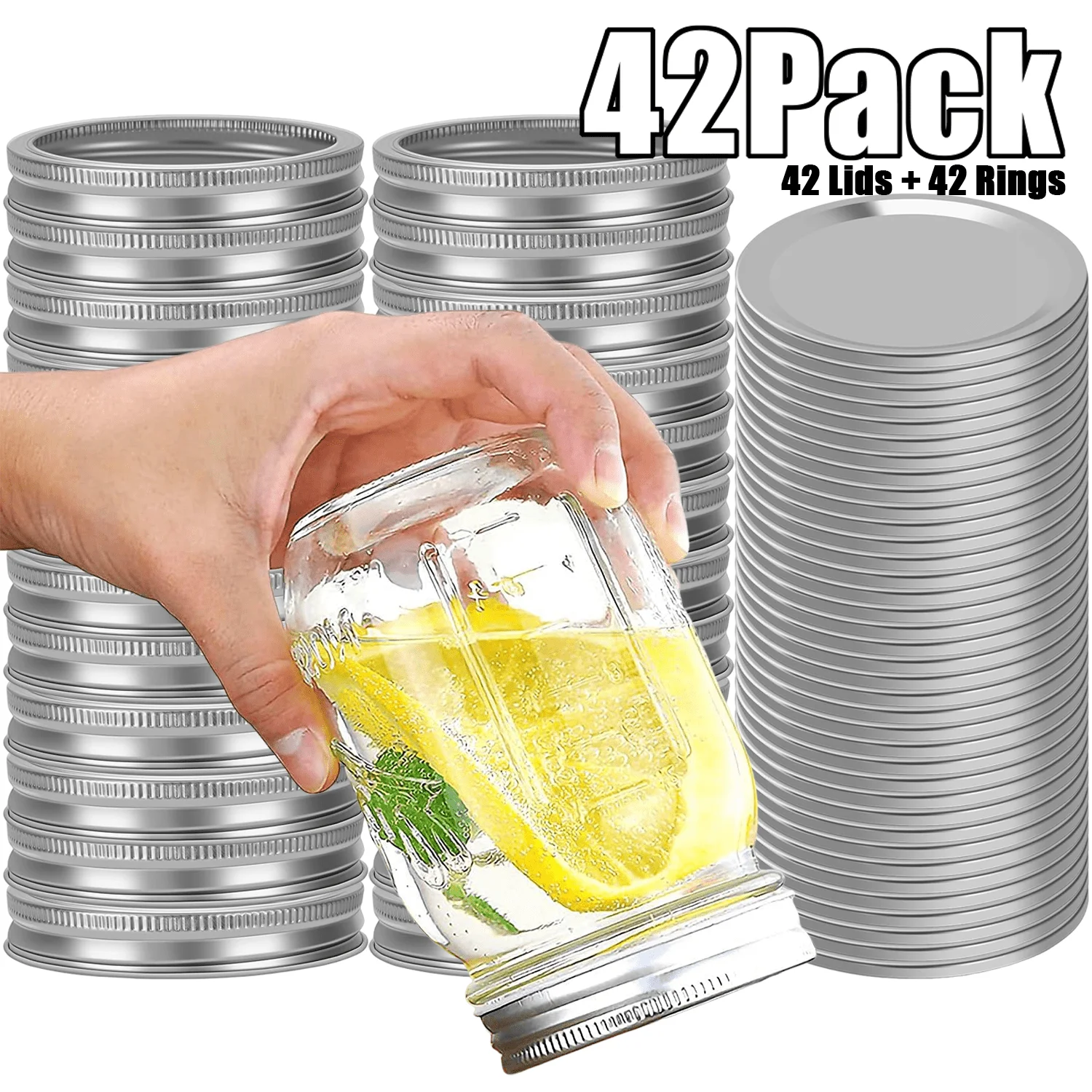 Paquete de 42 tapas de boca ancha de 86 mm con anillos, tapas metálicas de dos piezas para tarros Mason, tapas reutilizables a prueba de fugas para conservas, encurtidos, mermeladas, jaleas, salsas y conservas en la cocina.