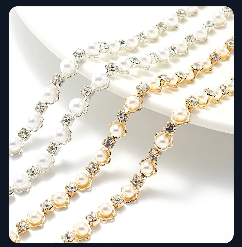 10 Yards Strasskette Kristalldiamant Kleidungsaccessoire mit eingelegten Perlen Strassband DIY Bastelzubehör Partygeschenke Dekoration – Detail 1