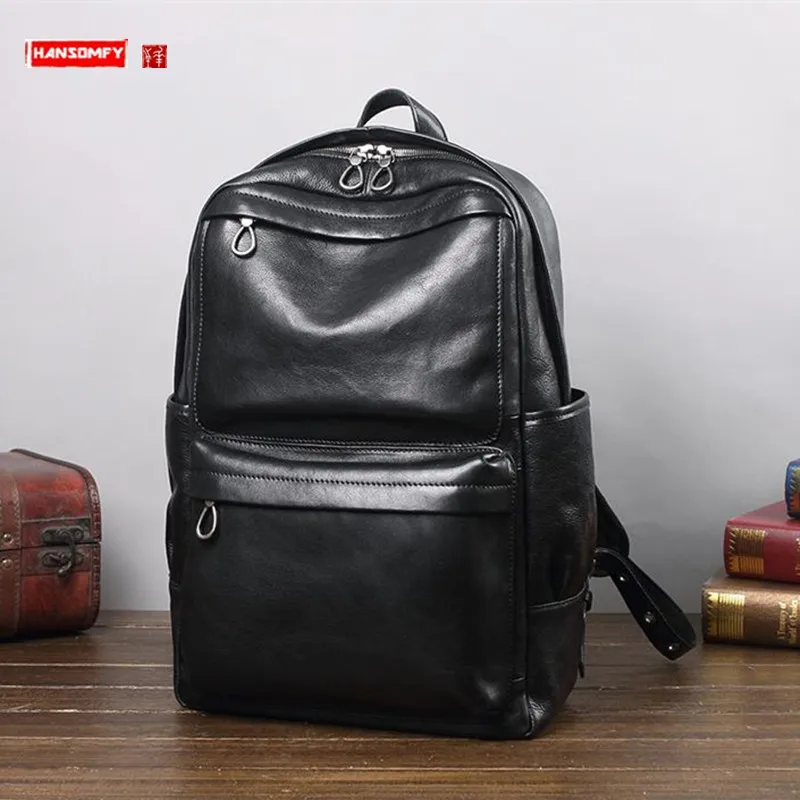 

Cowhide Leather Men's Backpack Large Capacity Travel Backpacks Casual Trendy Computer Bag Soft Black Leather Portable Schoolbag