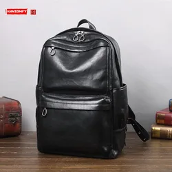 Cowhide Leather Men's Backpack Large Capacity Travel Backpacks Casual Trendy Computer Bag Soft Black Leather Portable Schoolbag