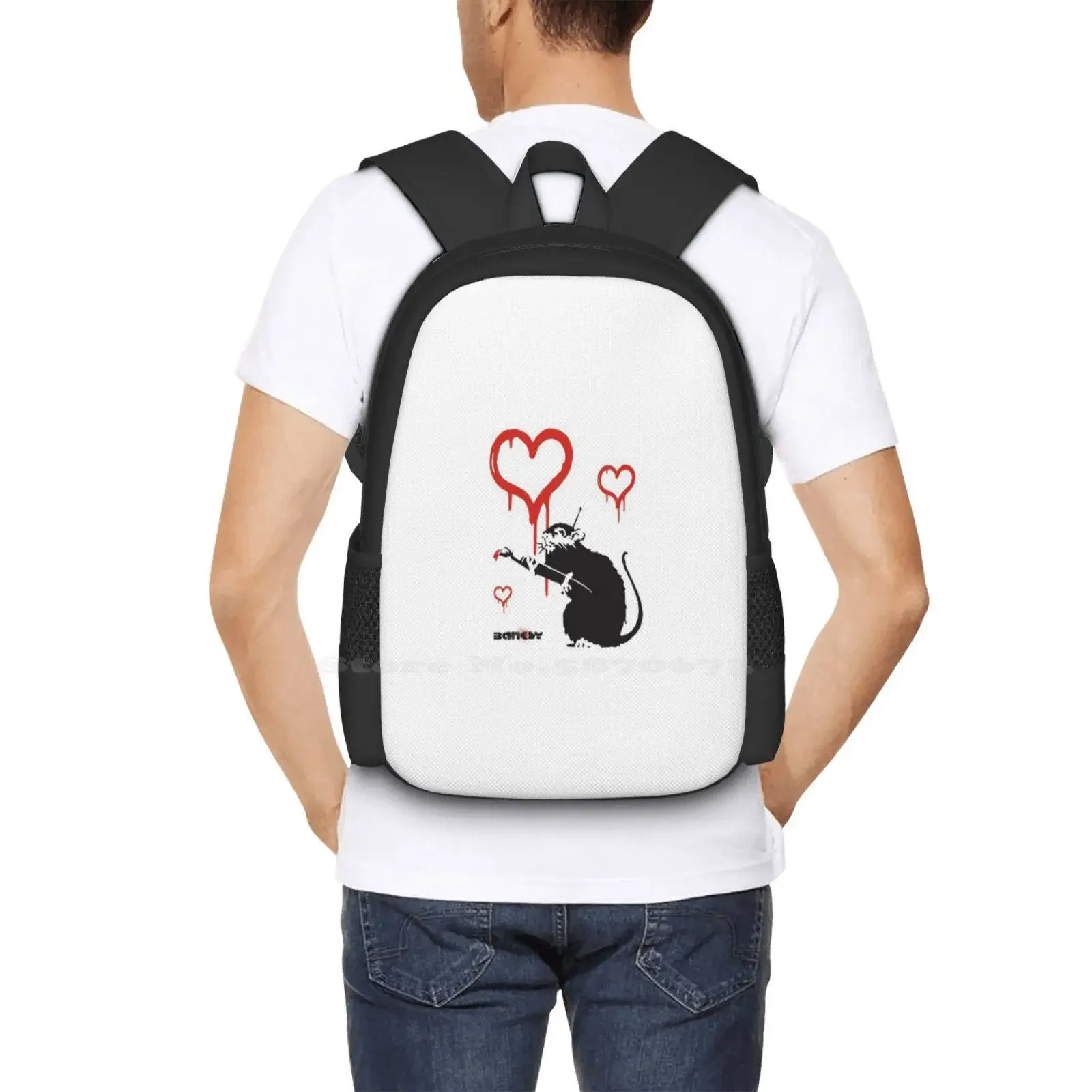 بانكسي قلوب الفئران مع جهاز التحكم عن بعد التحكم في العقل الكتابة على الجدران فن الشارع مع علامة بانكسي توقيع Hd رائجة البيع حقيبة مدرسية على ظهره #6