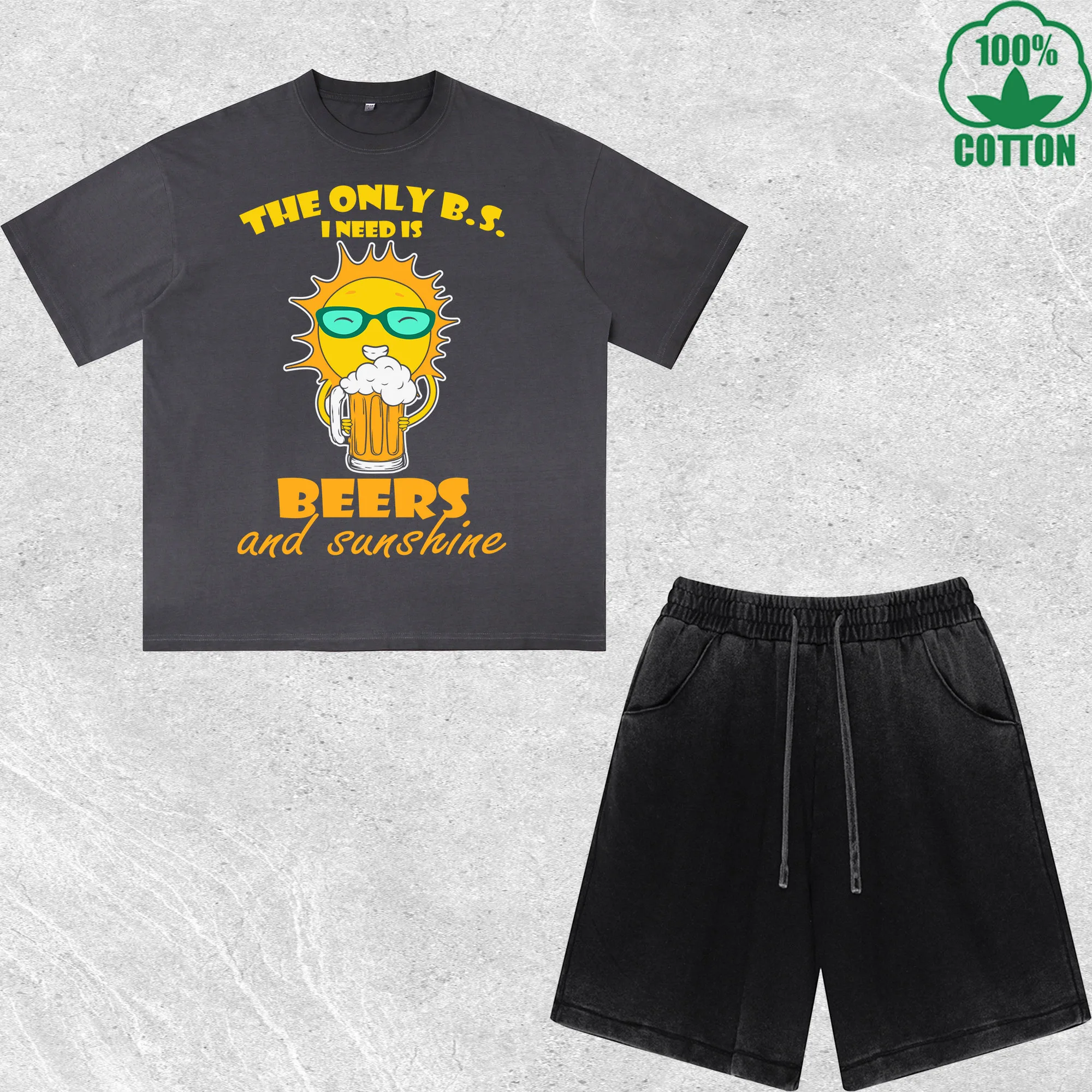 

I Need Is Beers Printed Dirty Wash T-Shirt Shorts Set Multicolor Combo Loose Trendy Fashionable 100%Cotton