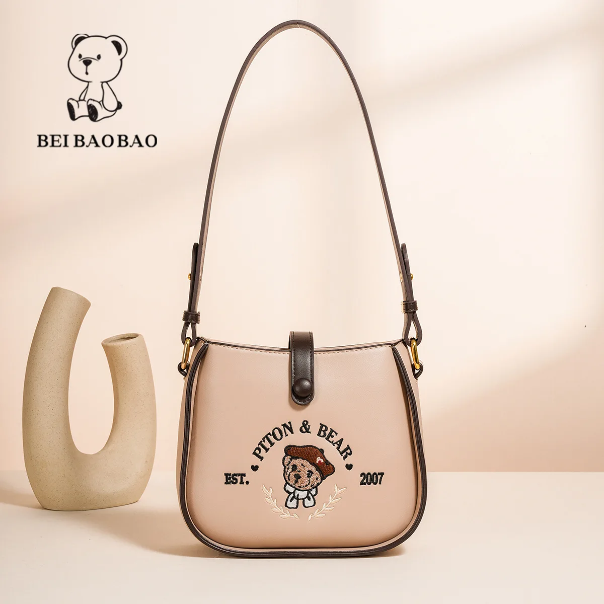 Beibaobao 2024 New Fashionable Trendy Single Shoulder Crossbody Bag Bucket Bag Casual Cartoon Bear Bag Retro Texture Women\'s Bag