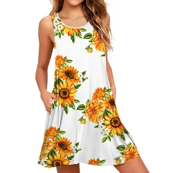 New Women's Dresses Summer Casual Sleeveless Skirts Sunflower Printed Round Neck Large Size Vest Dress Hawaii Beach Sundresses