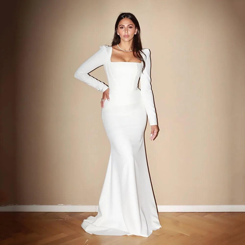 

Customized Modern Mermaid Wedding Dress 2025 Long Sleeve Square Neck Bridal Gown Open Back Buttons Corset White Brides Dress