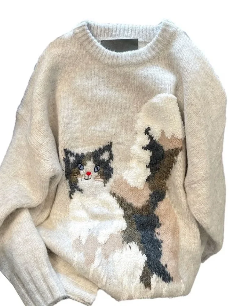 Sweet Y2k Aesthetic Grunge Cat Jacquard Sweaters Oversized Casual Japanese Jumpers Fashion All Match Knitted Women Pullovers