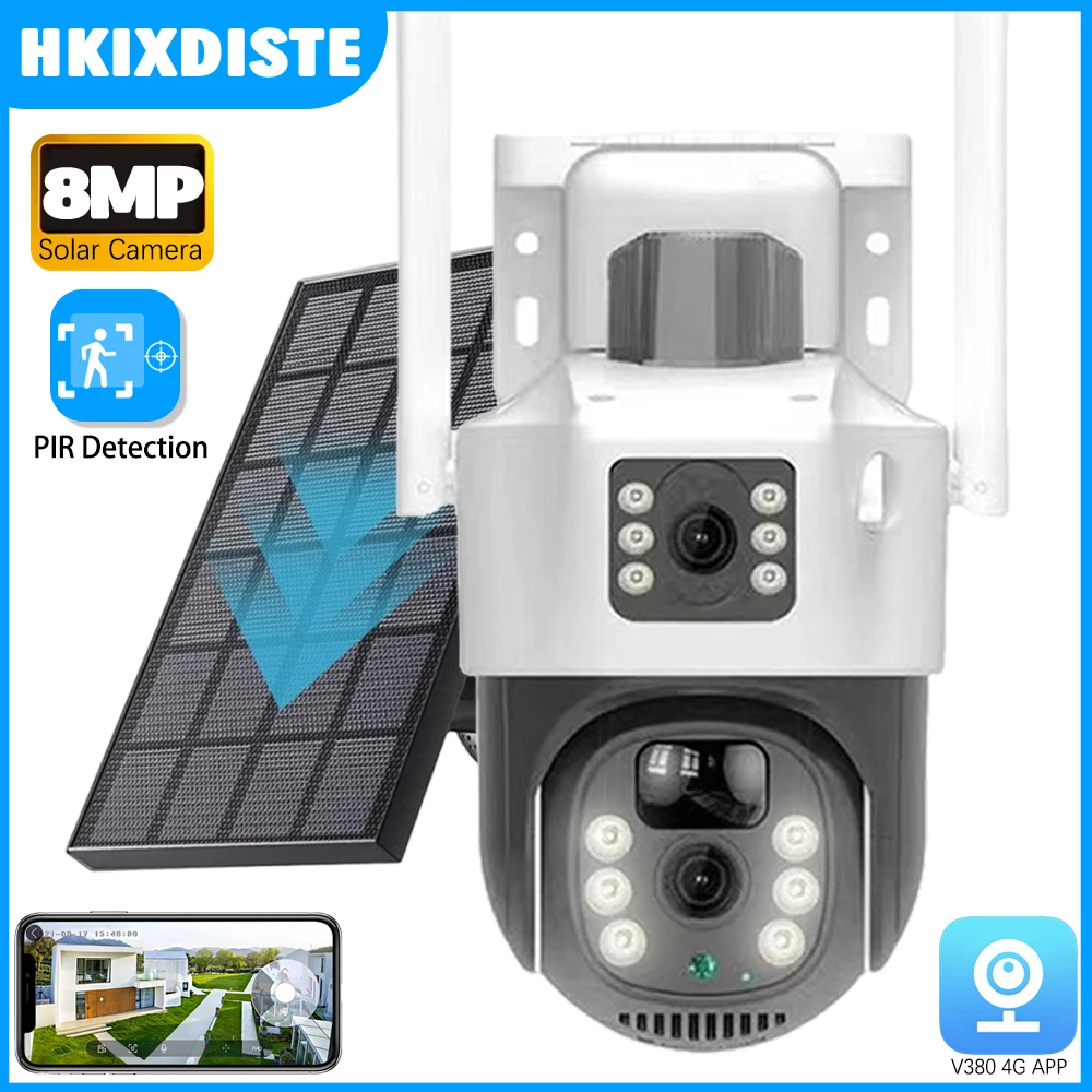 

Solar PTZ Camera 4G SIM card Outdoor Dual Lens WiFi 8MP 4K IP Camara Solar Panel CCTV Security Built in Battery PIR Cam V380 Pro