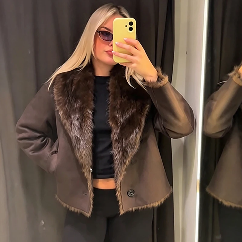 Elegant Vintage Jacket Furry Stylish Trendy Casual Chic Cropped Outerwear Women Fall Street Trendy Female Warm Faux Fur Coat