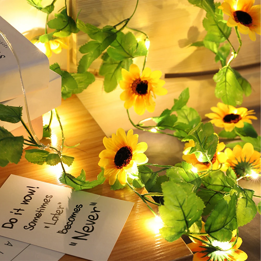 2M Kunstmatige Wijnstok Licht String Gele Nep Bloemen Sprookjes Zonnebloem Led Licht String Voor Feest Bruiloft Tuin Boog Decor