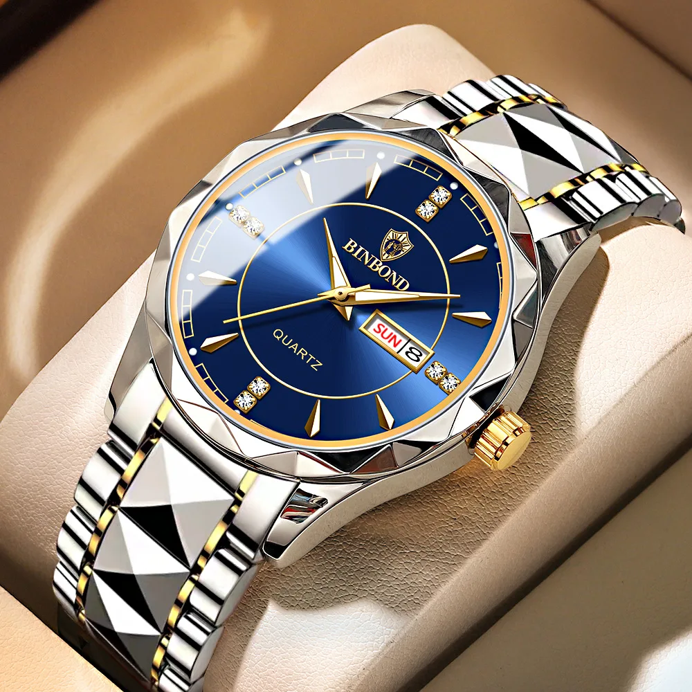 

2023 New Luxury Blue Watch Gold Stainless Steel Waterproof Quartz Business Men Wristwatches Auto Dual Calendar Relogio Masculino