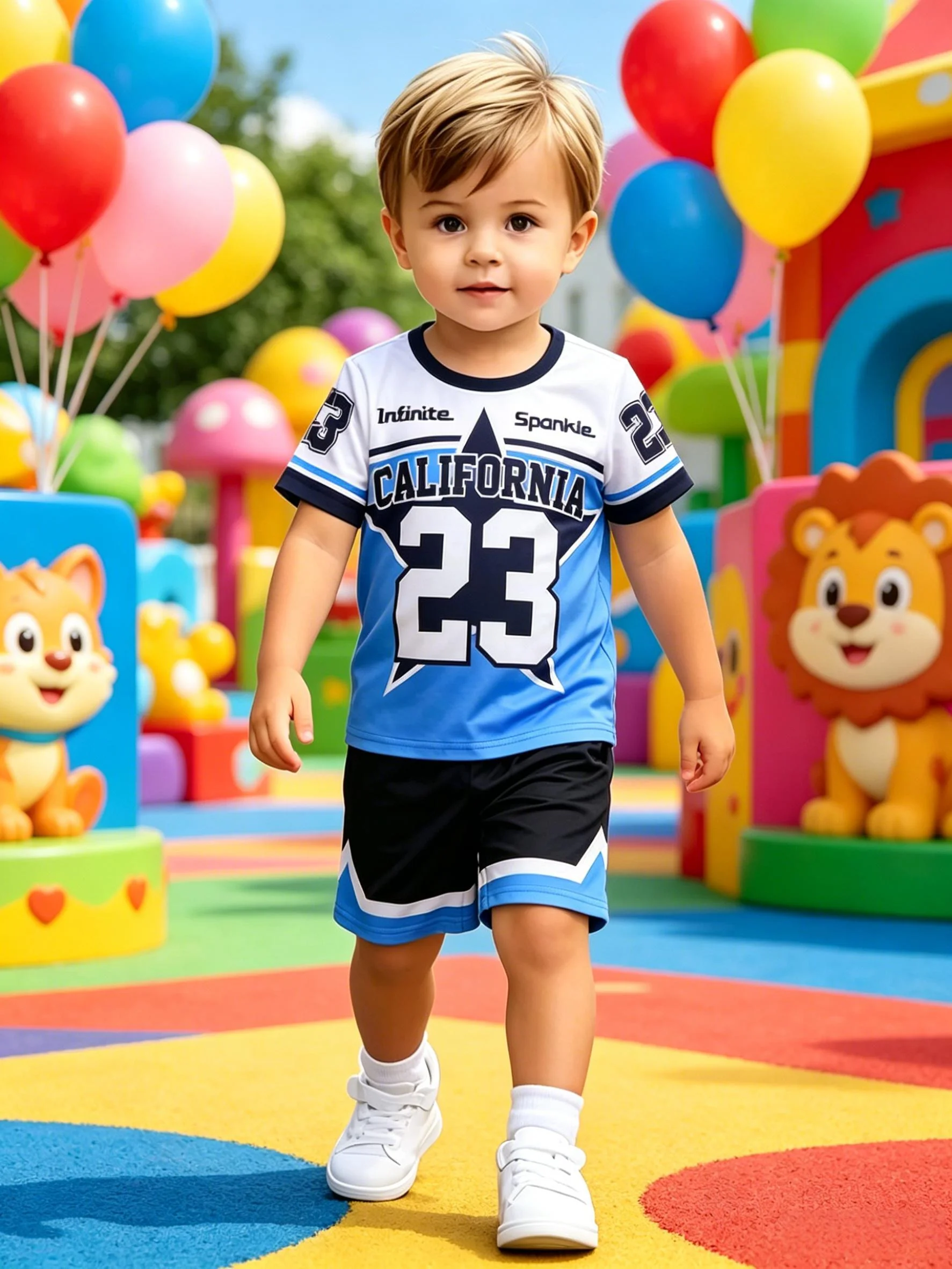 Boys Blue White Color Block Number 23 Print Short Sleeve Casual Shorts Set American Sporty Style