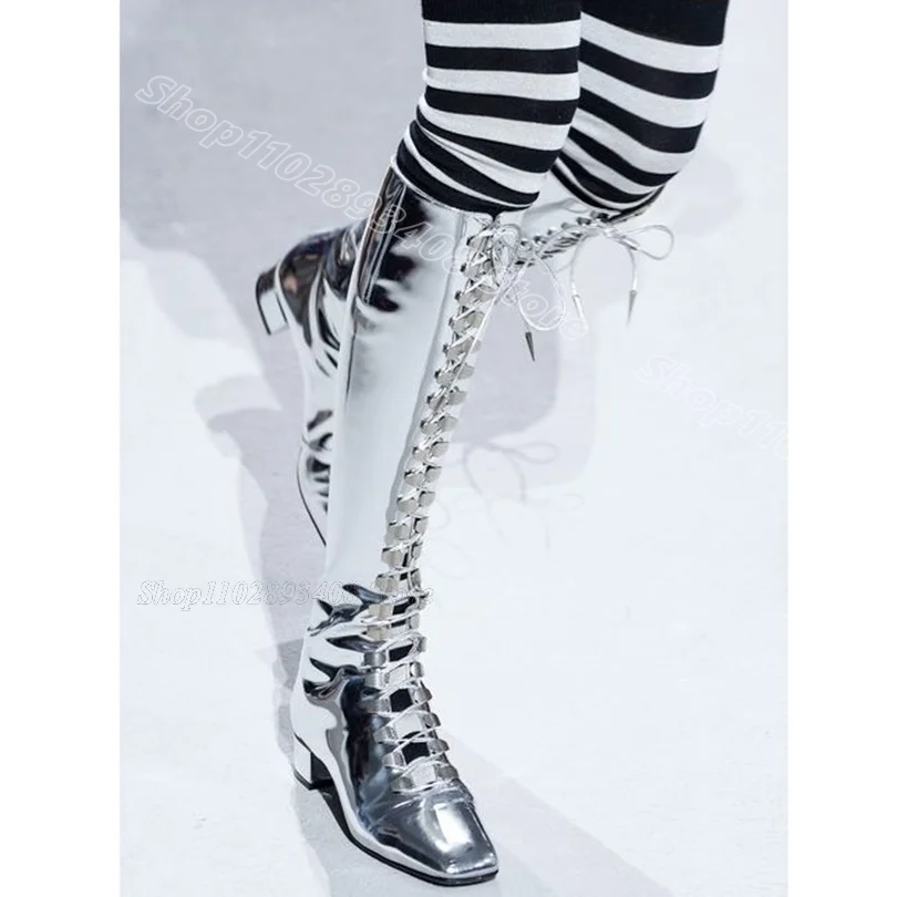 

Silver Lace up Chunky Heels Boots Back Zipper Solid British Style New Fashion Casual Dress Women Boots 2024 Zapatos Para Mujere