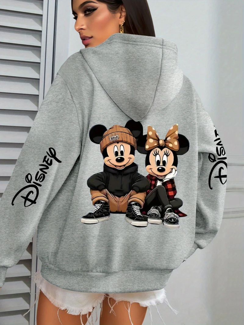 Pulôver com capuz Potdemiel Mickey e Minnie Mouse com design de desenho animado, mangas compridas e capuz com cordão, perfeito para uso casual