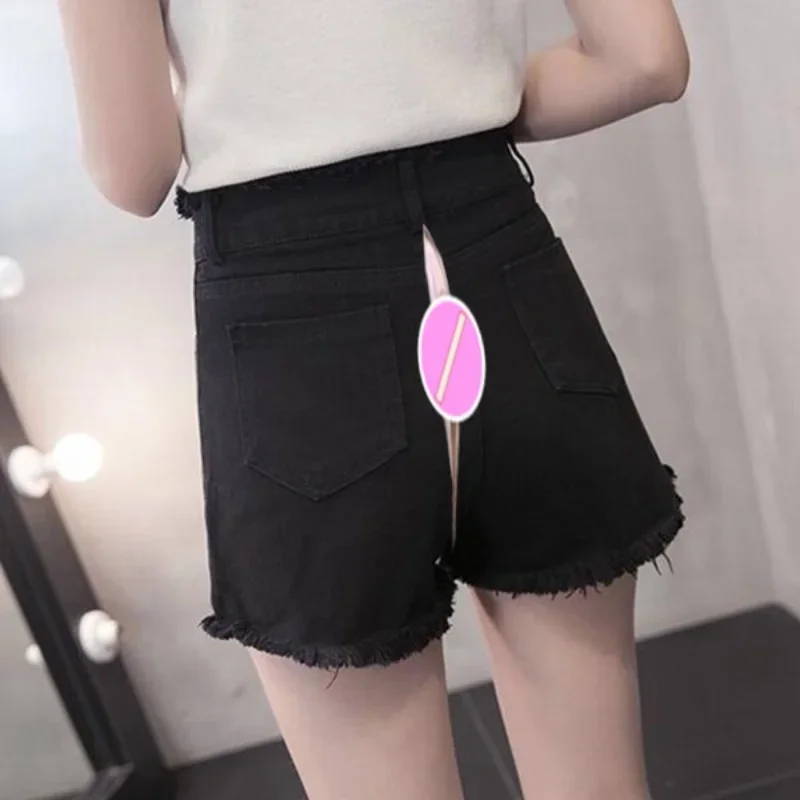 Invisible Open Crotch Ripped Jeans Women Mini Shorts Outdoor Sex Pants Lady Summer Exotic Hotpants Boyfriend Casual Streetwear