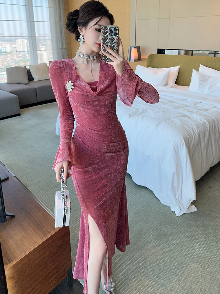 Retro Elegant ชุดยาวผู้หญิงหวานเซ็กซี่พัฟแขนพับ Bodycon Slit Robe หญิงชุดราตรี Vestidos Catwalk ชุด