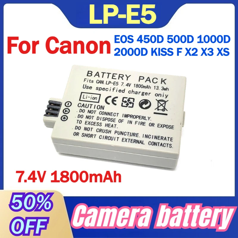 بطارية 7.4 فولت 1800 مللي أمبير في الساعة LP-E5 LPE5 مع شاحن USB من النوع C لكاميرات كانون EOS 450D 500D 1000D 2000D KISS F X2 X3 XS