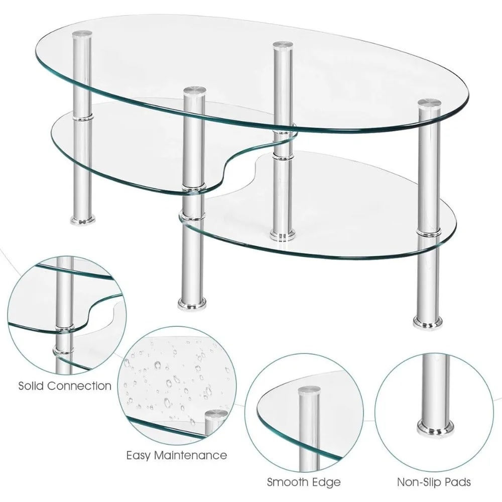 Glass Coffee Table, Modern Style Glass Shelves with Steel Legs for Living Room, Cocktail Tea Table