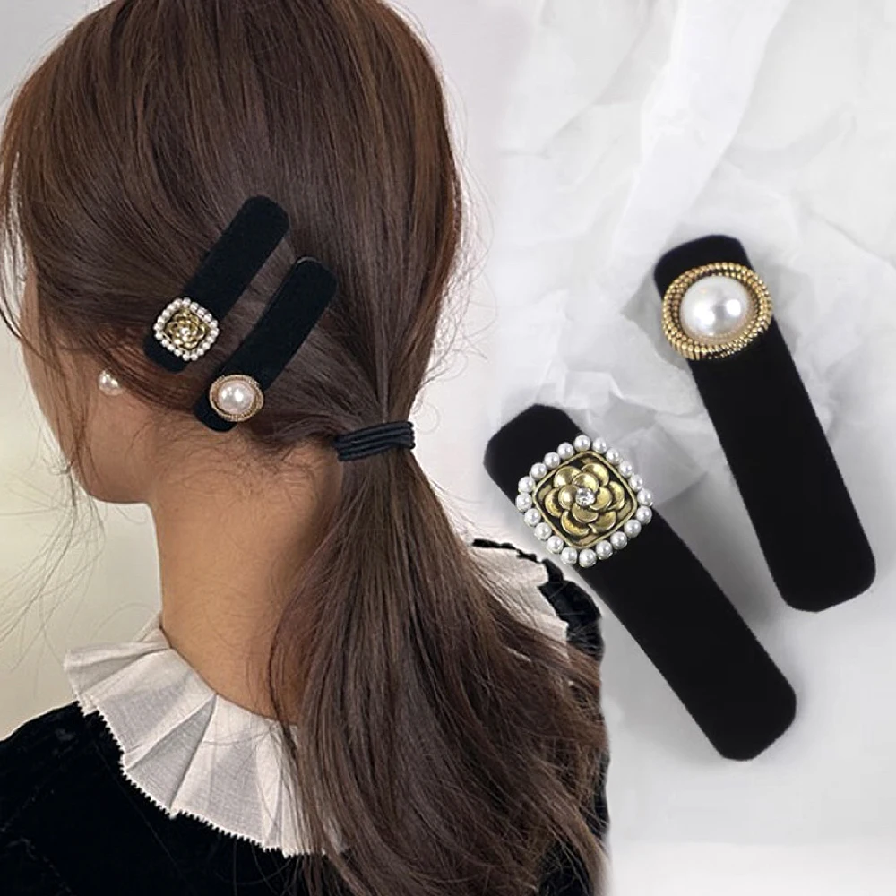 Vintage Pearl Camellia Barrettes Black Color Velvet Side Snap Clip Hairpins Women Girls Elegant Headwear Friend Gifts