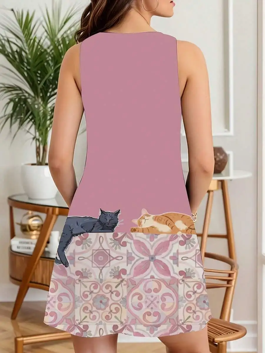 

Women Sleeveless Dress With Cat And Floral Pattern Print Summer Casual Dress