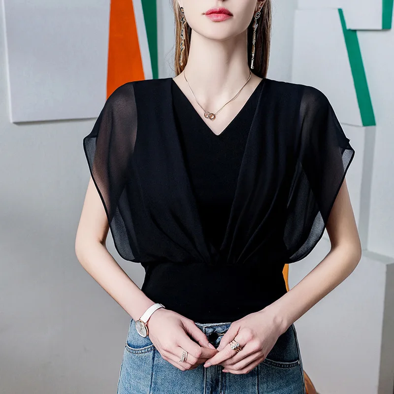 #2008 Black White False Two Piece T Shirt Women V-neck Sexy Short Tshirt Female Batwing Sleeve Spliced Chiffon Skinny T-shirt