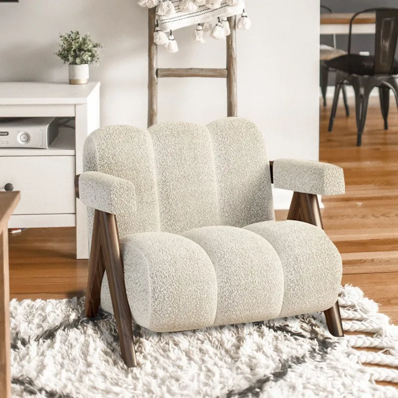 !@2024 Nordic Retro Leisure Chair Single Lamb Wool Fabric with Wood Frame Revolving Cloud Style Dining Bedroom Hotel School Use