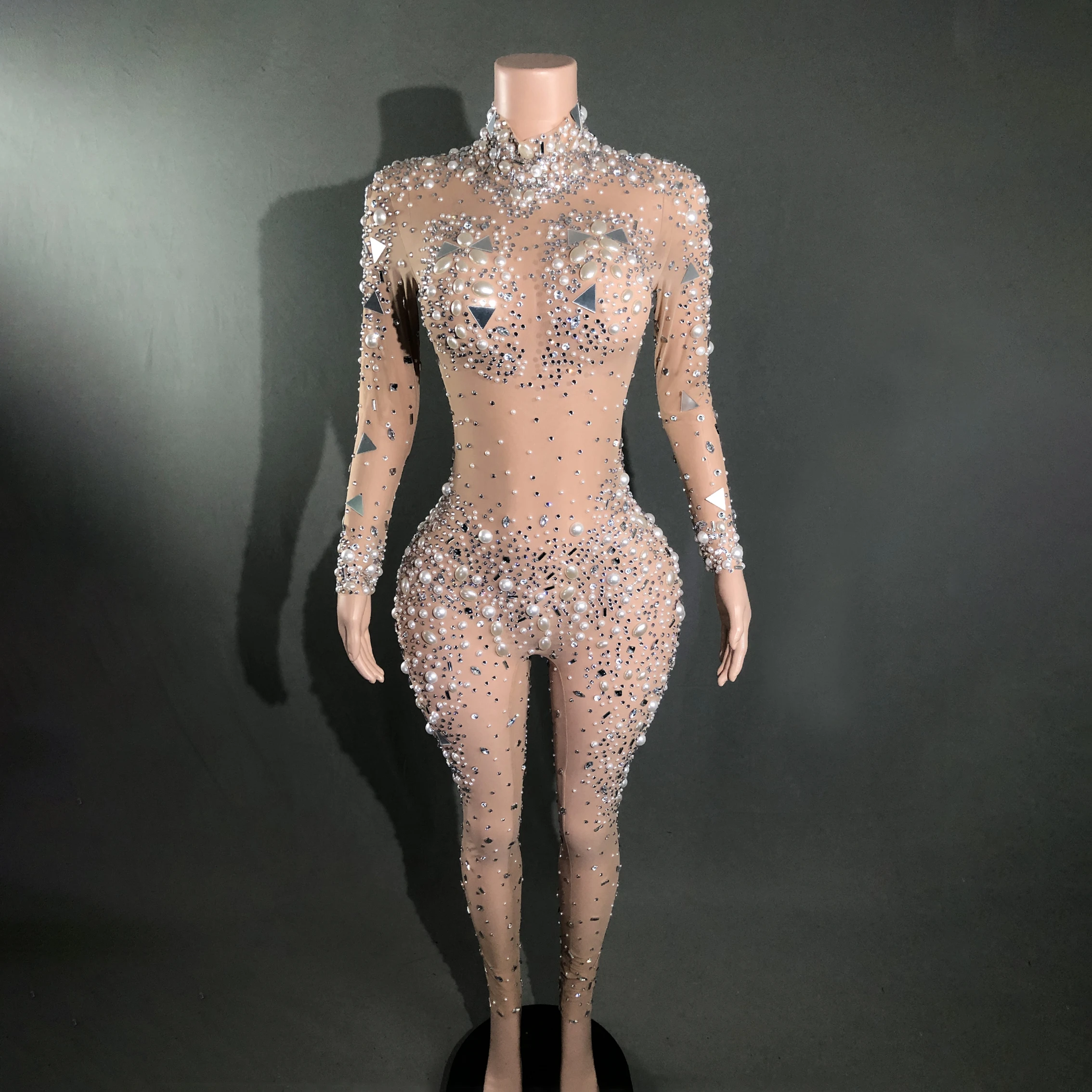 

see through sheer fabric bodysuit high collar hanging neck diamond stage performance costume sexy