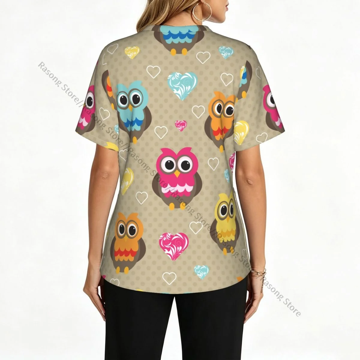 Women Scrubs Blouse Medical Nurse V-neck Clinical Scrubs Top Cute Colorful Owl Operating Room Work T-shirt