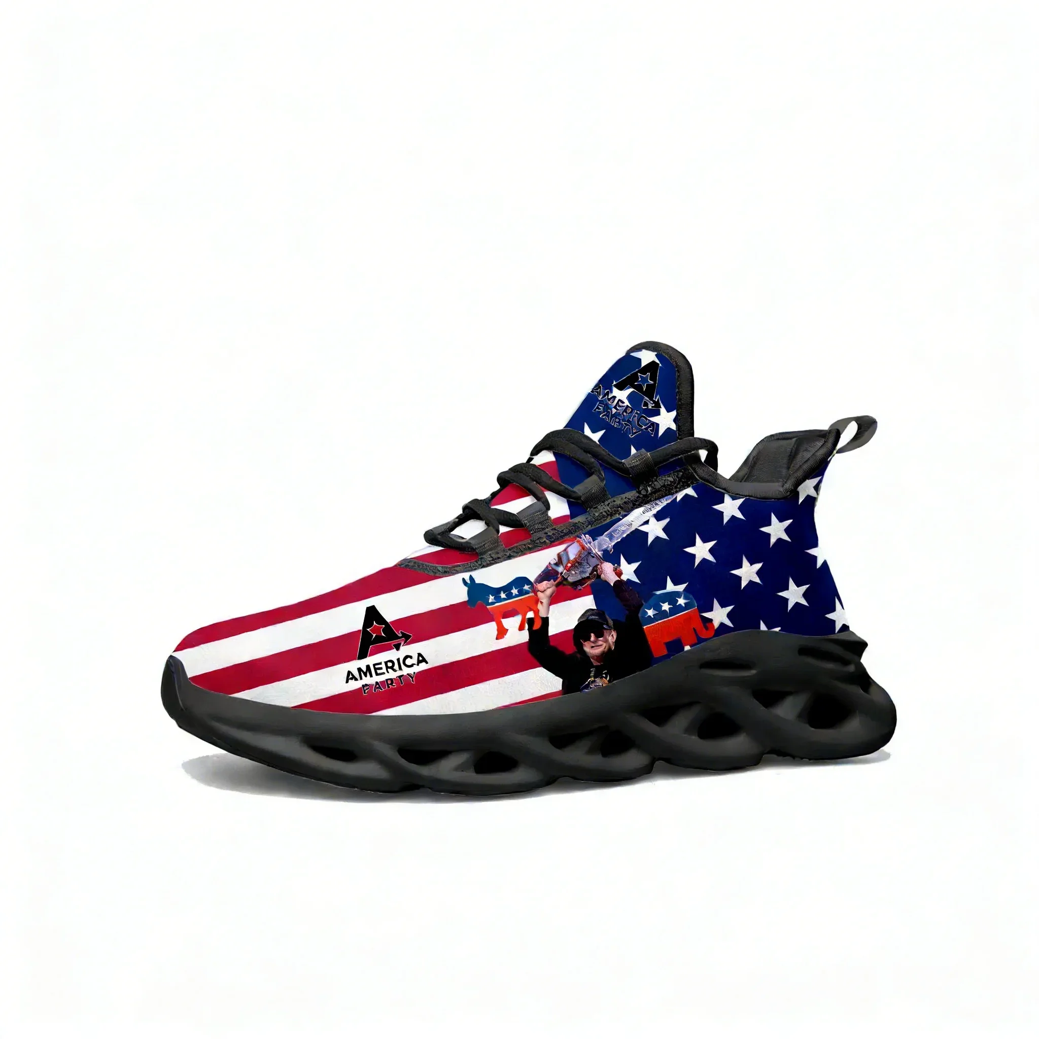 

Кроссовки для бега America Party Sport: мужские и женские, прочные, на шнуровке, сетчатые, черные, в стиле Илона Маска, на заказ