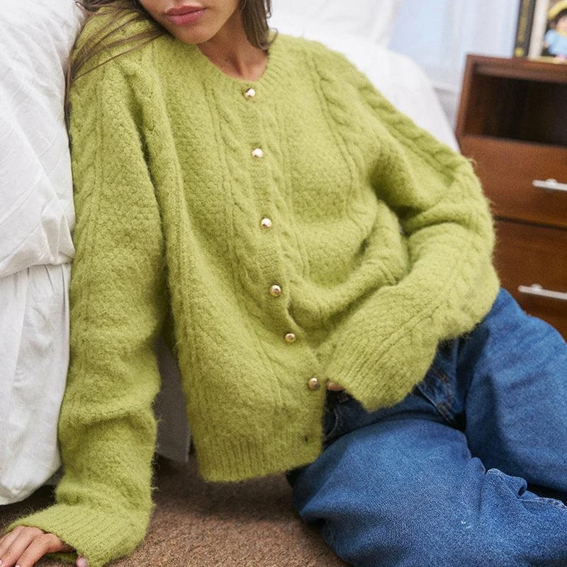 Combhasaki Women Knitted Cardigan Long Sleeve Ribbed Crew Neck Button Down Sweater Jacket Y2k Loose Fit Knitwear Coat Streetwear