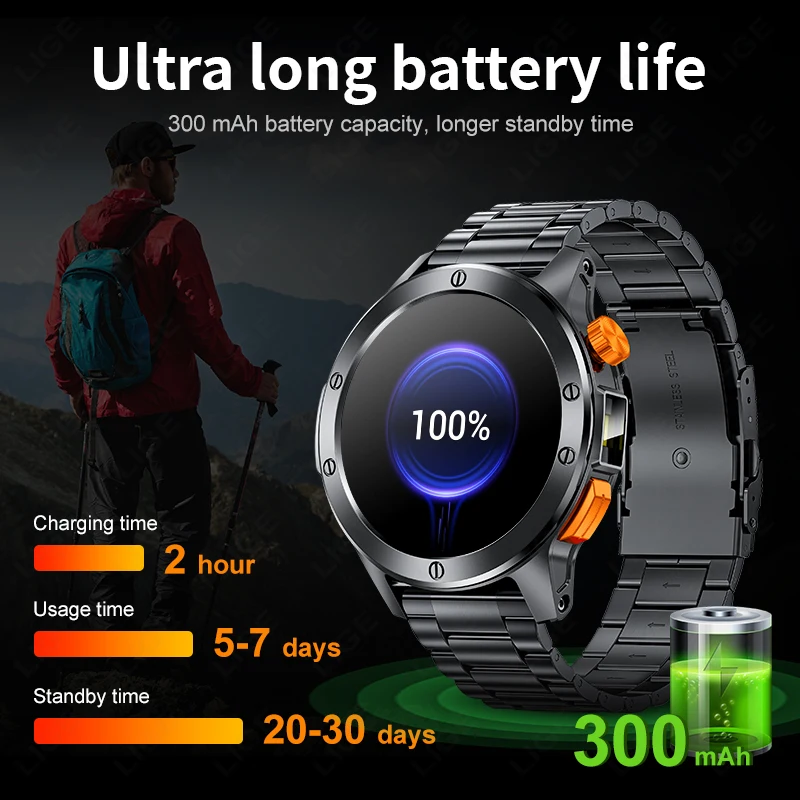 LIGE New Space Edition Dial Smart Watch Men HD Screen Bluetooth Call Outdoor Sport Fitness With Flashlight Heart Rate SmartWatch