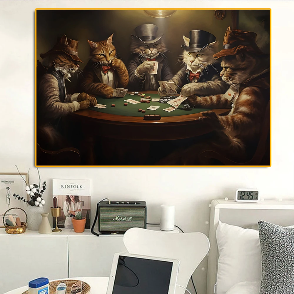 Cats Playing Poker Graffiti Canvas Painting Bar Casino Pet Wall Art Retro Animals Wear Suits Poster Club Gaming Room Home Decor