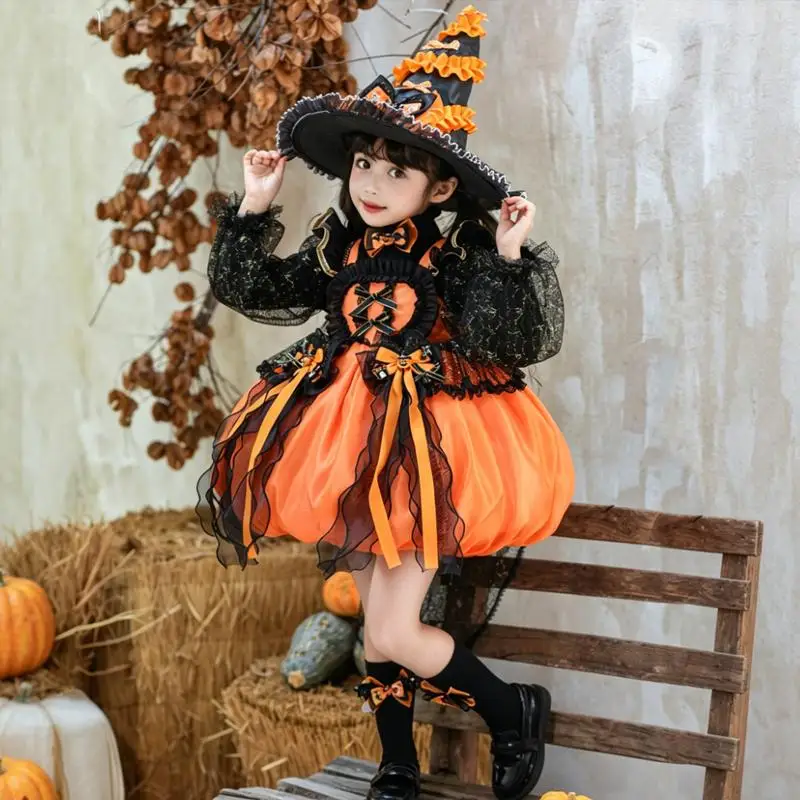 Girls Halloween Witch Lolita Dress Kids Pumpkin Gothic Bubble Skirt Children Cosplay Costume Carnival Masquerade Party Gift