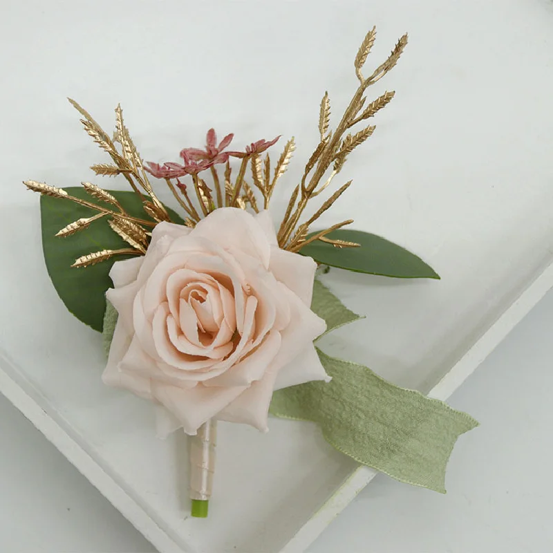 Boutonniere y Corsag de muñeca, suministros de boda, flor de boda, arte de simulación, celebración de negocios, apertura, mano de invitados, F430