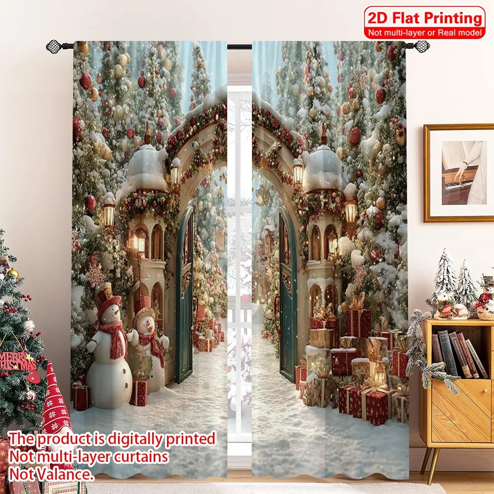 

2pcs 2D flat printing Merry Christmas Window Drapes Snow Arch 100% Polyester Without Electricity Family Party Use for Home &