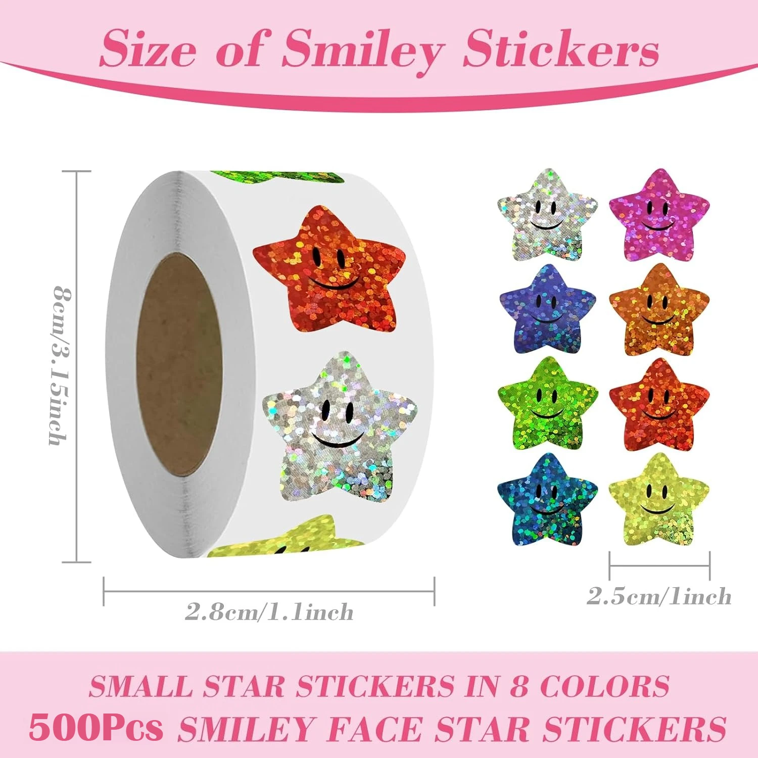 Glitter Foil Star Smile Stickers for Kids Reward Teacher Supplies School Classroom Planner Decor, 500Pcs per Roll