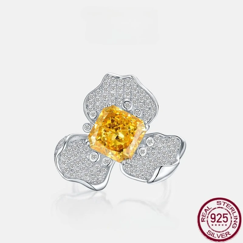 

New S925 Pure Silver Sea Blue High Carbon Diamond Ice Flower Cutting Ring Square 7 * 7 Full Body Flower Ring Wedding Jewelry