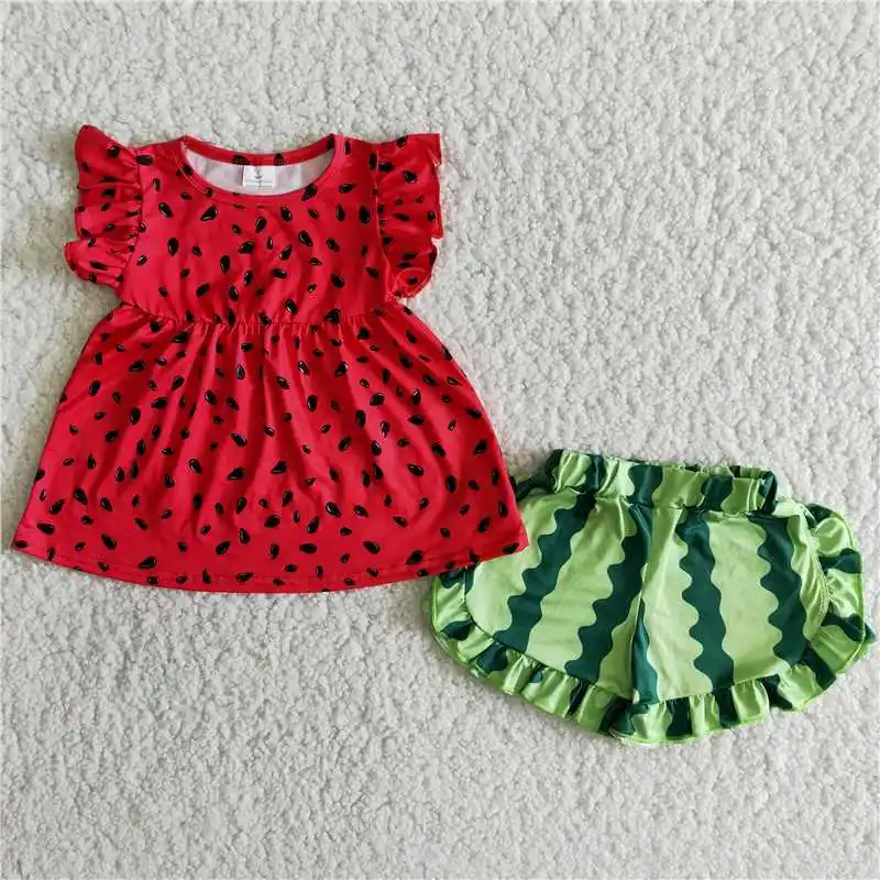 

Fashion 2022 Daily Wearing RTS Summer Girls Clothing Sets New Design Watermelon Baby Girls Flying Sleeve Shorts Hot Selling