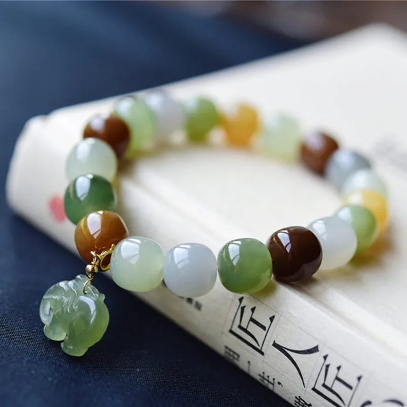 Multiple Color Natural Hetian Jade Bead Bracelet Retro Green Purple Yellow Jade Elephant Pendant Lucky Accessories Fine Jewelry