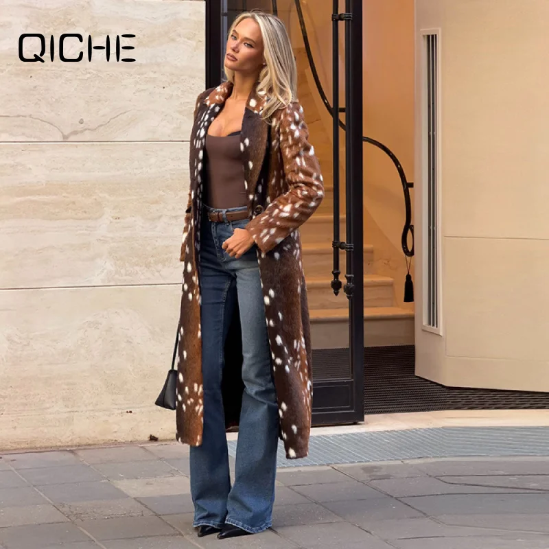 QICHE 2026 Womens Waist Defined Faux Fur Long Overcoat, Lapel Deer Spot Color Block Coat, Chic Warm Winter Outer Top
