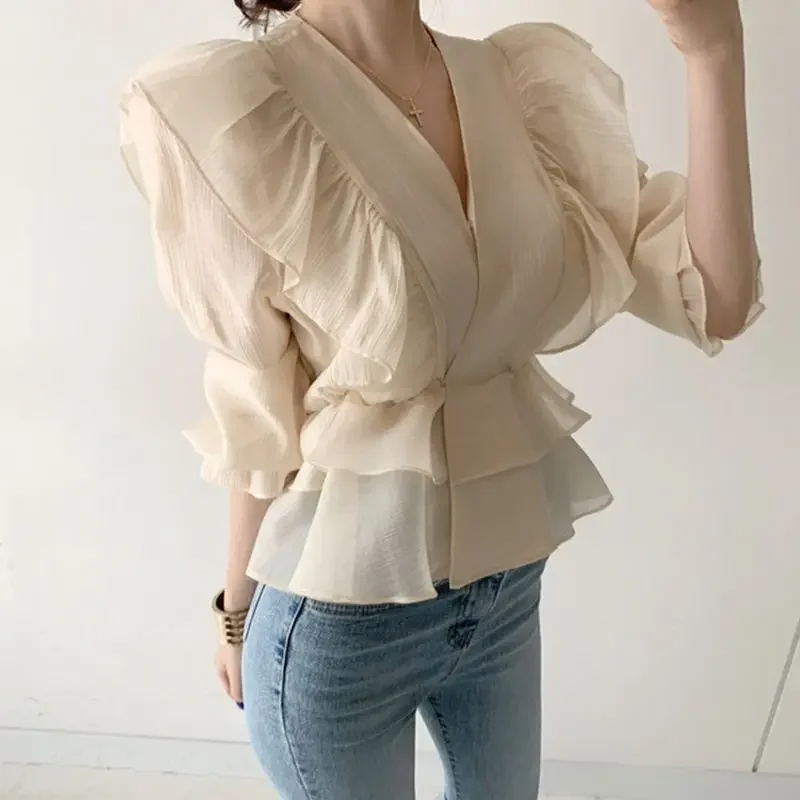 Women Vintage Ruffles Design Elegant Blouse Fashion V Neck Chic Chiffon Shirts Solid Long Sleeve Gothic Tops Slim Blusas L285