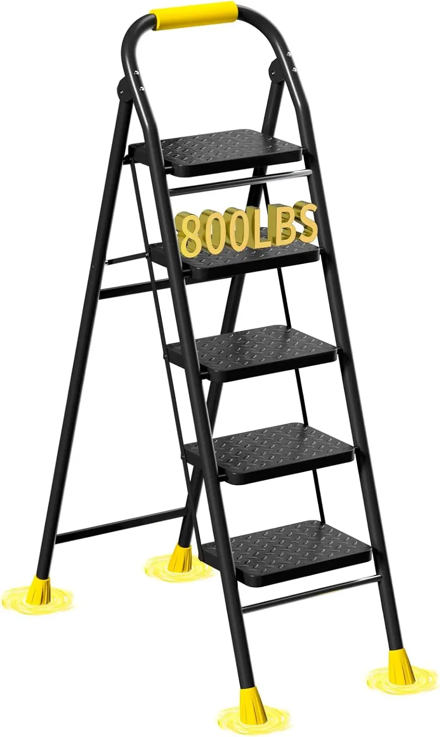 

5 Step Ladder, Foldable Step Stool, 800lb Capacity, Anti-Slip Pedal, Cushioned Handle, Safe-Lock, Portable, Black Yellow