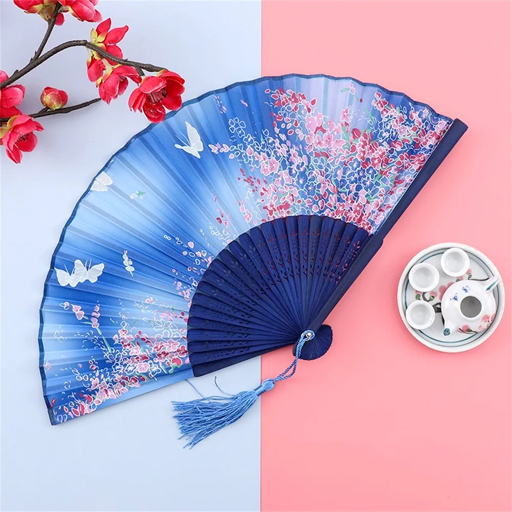 Ventilador de mão de seda vintage para mulheres, fãs de bambu chinês e japonês, presentes artesanais, adereços de dança, decoração para casa