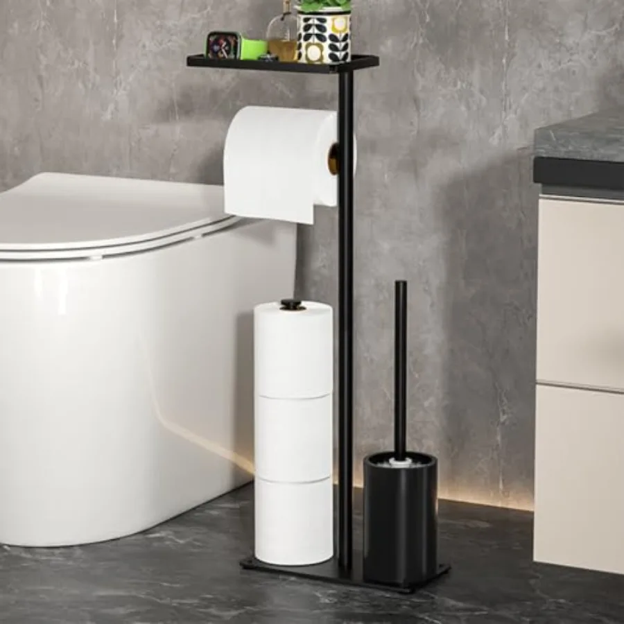 

Современная отдельно стоящая подставка для туалетной бумаги для ванной комнаты из черного металла со встроенной полкой для хранения и держателем для щеток, разработанная f