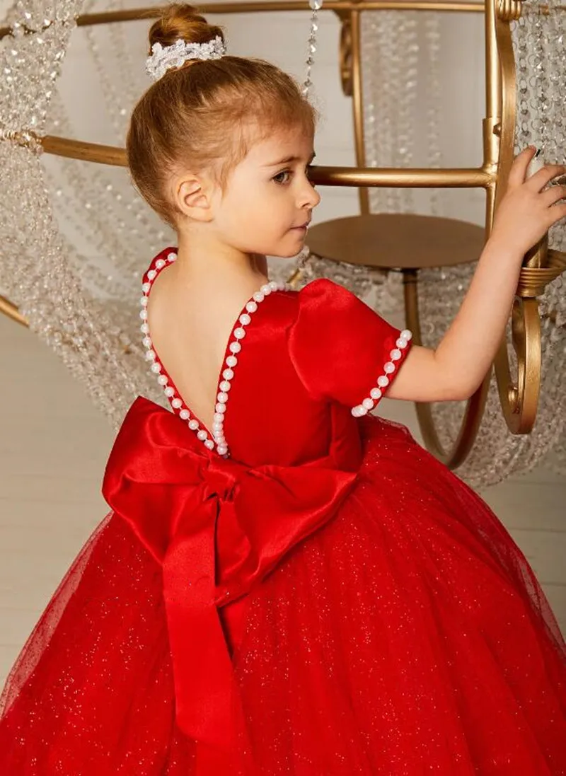 Robe rouge à fleurs pour filles, tulle pailmétrage, manches courtes, col rond, robe d'anniversaire princesse avec grand nœud, robe de première communion pour filles, 1-14T