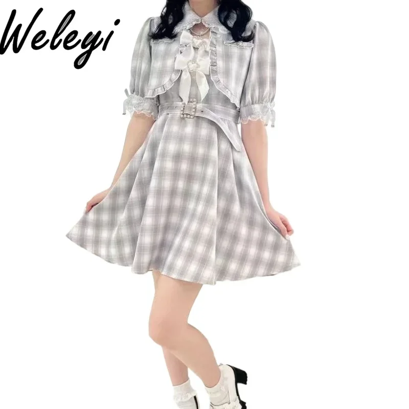 Rojita Kawaii Plaid Vest Dresses Japanese Fashion Summer Cute Mine Series Mass Production Bow Short Sleeved Fake Two Piece Dress