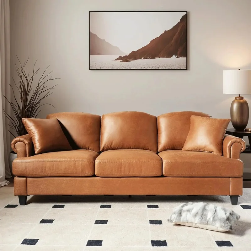 

Современный диван середины века 90,6 дюйма, 3-местный диван из искусственной кожи с удобными подушками, небольшой диван с глубоким сиденьем для гостиной