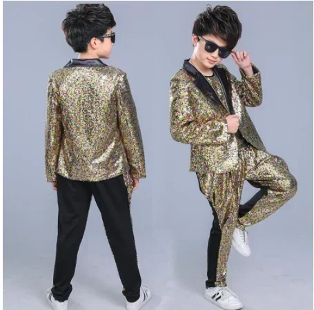 

Hip Hop Clothing Jazz Dance Costumes Suit Boys Carnival Stage wear Ballroom Dancing Outfits Kids Sequined Pants Jacket Coat