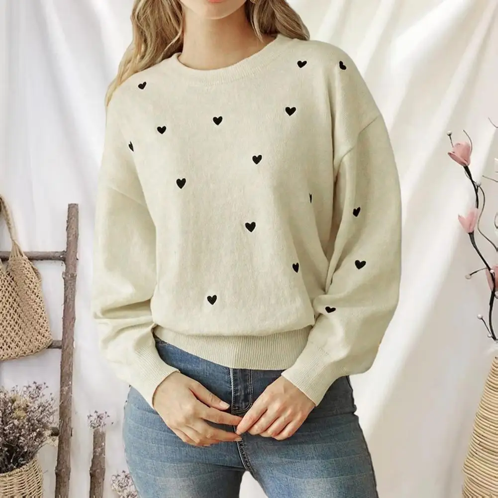 

Versatile Women Sweater Heart Pattern Loose Fit Knitwear for Women Round Neck Long Sleeve Sweater with Stretchy Knitting