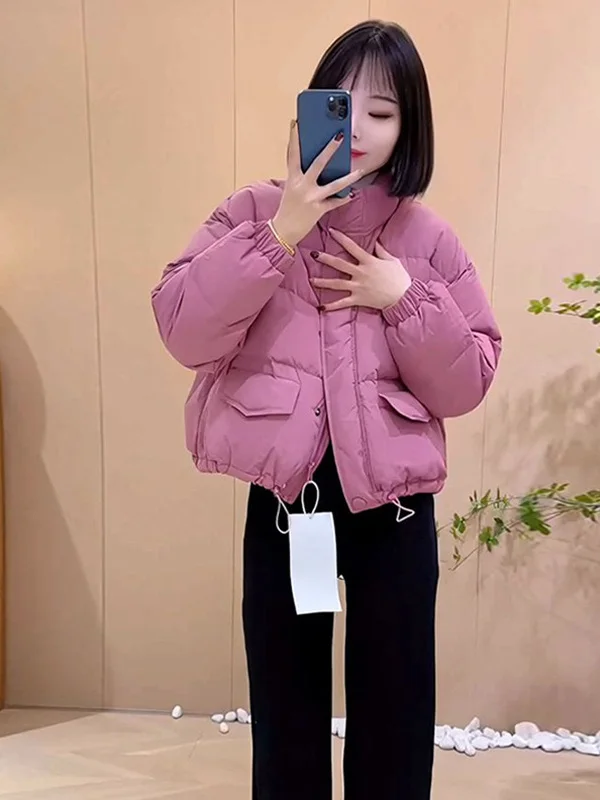 

Розовая утепленная хлопковая куртка в корейском стиле для женщин: модная, универсальная зимняя верхняя одежда с длинными рукавами на молнии